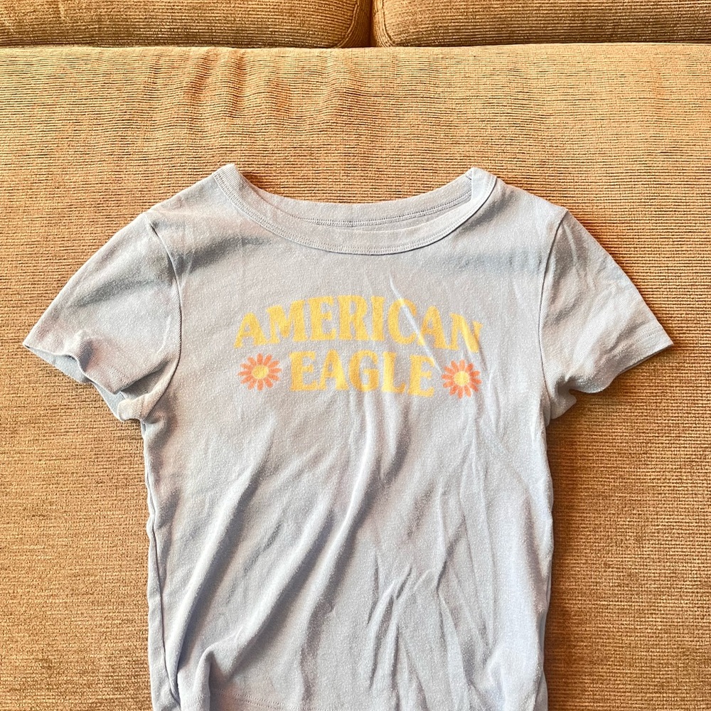 American Eagle Blue Tee with Yellow Text
